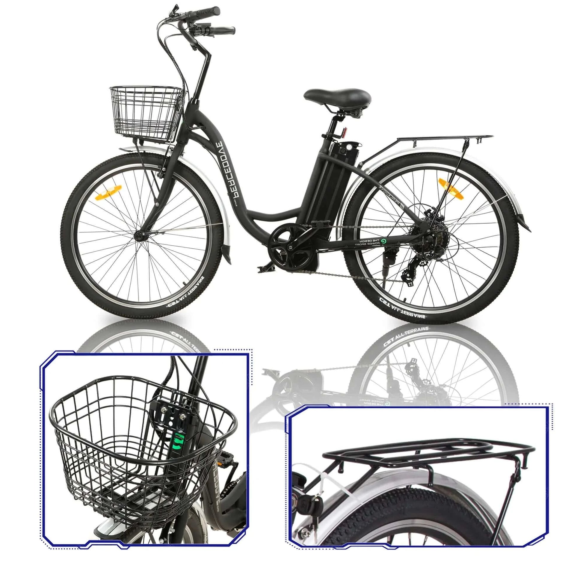 Ecotric Bikes - Ecotric 26inch Peacedove Electric City Bike w/ Basket and Rear Rack